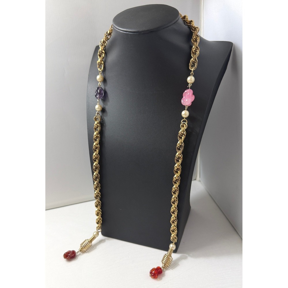 Vintage Lariat Chain Necklace Gold Tone Rope Glass Bead